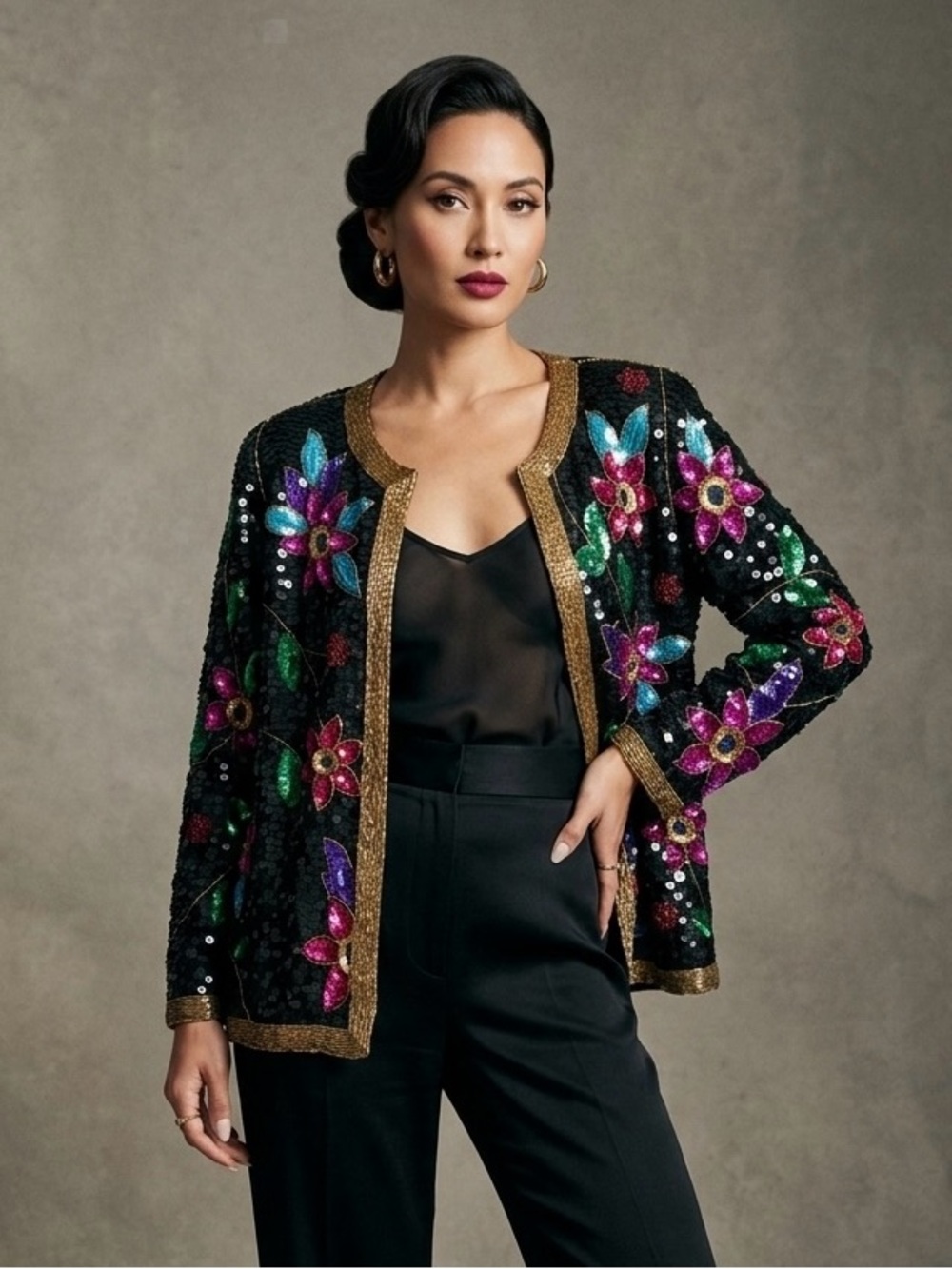 Vintage 100% Silk Hand Beaded Sequin Floral Trophy Cardigan Jacket M